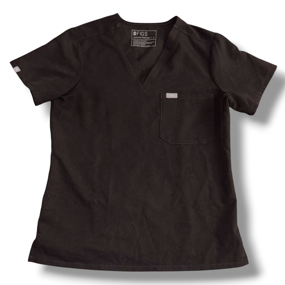 FIGS Technical Collection Scrub Top Women Small Black V-Neck Chest Pocket